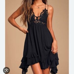 Free People Adella Lace Dress Black Ruffle Hem Size Small